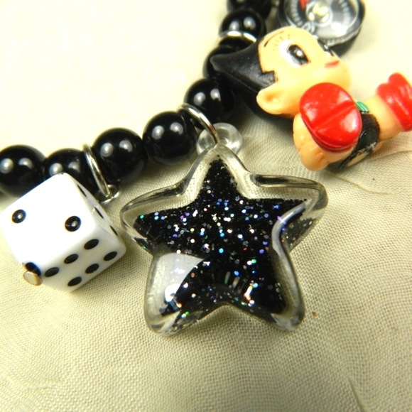 Vintage Bomgom Charm Bracelet Black Bead Dice Star Compass Astro Boy Kawaii Rare - Picture 5 of 5